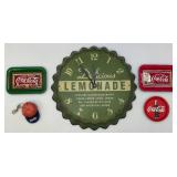 15" Metal Lemonade Wall Clock & Coca-Cola Tip Trays