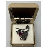 Vintage Marcasite Rhinestone Feline Cat Pendant Necklace Gunmetal Gray Head Moves 18"-20"