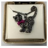 Vintage Marcasite Rhinestone Feline Cat Pendant Necklace Gunmetal Gray Head Moves 18"-20"