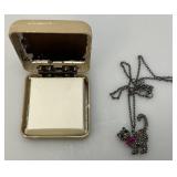 Vintage Marcasite Rhinestone Feline Cat Pendant Necklace Gunmetal Gray Head Moves 18"-20"