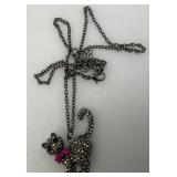 Vintage Marcasite Rhinestone Feline Cat Pendant Necklace Gunmetal Gray Head Moves 18"-20"