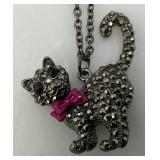 Vintage Marcasite Rhinestone Feline Cat Pendant Necklace Gunmetal Gray Head Moves 18"-20"