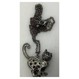 Vintage Marcasite Rhinestone Feline Cat Pendant Necklace Gunmetal Gray Head Moves 18"-20"