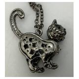 Vintage Marcasite Rhinestone Feline Cat Pendant Necklace Gunmetal Gray Head Moves 18"-20"