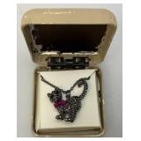 Vintage Marcasite Rhinestone Feline Cat Pendant Necklace Gunmetal Gray Head Moves 18"-20"