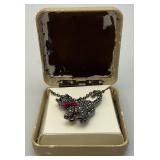 Vintage Marcasite Rhinestone Feline Cat Pendant Necklace Gunmetal Gray Head Moves 18"-20"