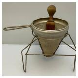 Vintage Aluminum Cone Colander With Stand & Wood Pestle Canning Primitive Farm 9 1/2"