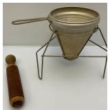 Vintage Aluminum Cone Colander With Stand & Wood Pestle Canning Primitive Farm 9 1/2"