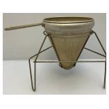 Vintage Aluminum Cone Colander With Stand & Wood Pestle Canning Primitive Farm 9 1/2"