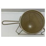 Vintage Aluminum Cone Colander With Stand & Wood Pestle Canning Primitive Farm 9 1/2"