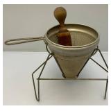 Vintage Aluminum Cone Colander With Stand & Wood Pestle Canning Primitive Farm 9 1/2"