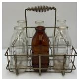 Vintage 6 Section Metal Quart Size Milk/Oil Bottle Carrier With Six Quart Size Milk Bottles Including Amber Colored