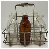 Vintage 6 Section Metal Quart Size Milk/Oil Bottle Carrier With Six Quart Size Milk Bottles Including Amber Colored