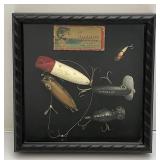 Antique Wood Fishing Lures Framed With Hehon Dowagiac Lure Box