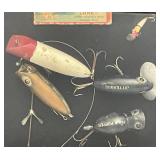 Antique Wood Fishing Lures Framed With Hehon Dowagiac Lure Box