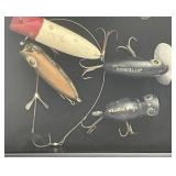 Antique Wood Fishing Lures Framed With Hehon Dowagiac Lure Box