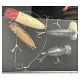 Antique Wood Fishing Lures Framed With Hehon Dowagiac Lure Box