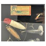 Antique Wood Fishing Lures Framed With Hehon Dowagiac Lure Box