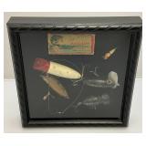 Antique Wood Fishing Lures Framed With Hehon Dowagiac Lure Box