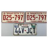 Set Of 1977 Minnesota License Plates Never Used & Vintage Texas Trailer Plate