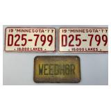 Set Of 1977 Minnesota License Plates Never Used & Vintage Weed H8R Plate