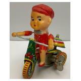 Vintage Tin Wind Up Boy On Tricycle With Ringing Bell (Works) Made In China