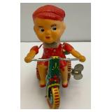 Vintage Tin Wind Up Boy On Tricycle With Ringing Bell (Works) Made In China