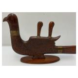 Vintage Wooden Hand Carved Bird, Knife And Fork Set Missing Two Forks Made In India