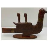 Vintage Wooden Hand Carved Bird, Knife And Fork Set Missing Two Forks Made In India