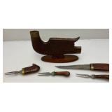 Vintage Wooden Hand Carved Bird, Knife And Fork Set Missing Two Forks Made In India