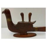 Vintage Wooden Hand Carved Bird, Knife And Fork Set Missing Two Forks Made In India