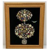 Vintage Framed Costume Jewelry Tree With Bird Art 17 1/2" x 21" (VERY COOL PIECE)