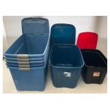 Large Group Of Misc. Blue Totes With Wheels And Lids