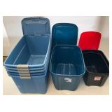 Large Group Of Misc. Blue Totes With Wheels And Lids
