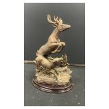 Bronze Deer Sculpture with Two Leaping Stags on Wooden Base