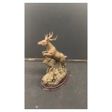 Bronze Deer Sculpture with Two Leaping Stags on Wooden Base