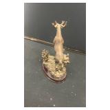 Bronze Deer Sculpture with Two Leaping Stags on Wooden Base