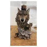 Wolf-Themed Glass Top Side Table with Sculptured Base