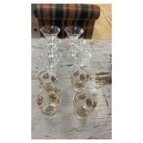 Set of 8 Vintage Glasses with Gold Leaf Design and Martini Cups