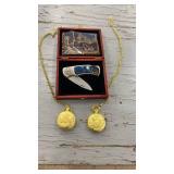 Limited Edition Wolf Design Pocket Knife and Dual Gold Coin Pocket Watches Set