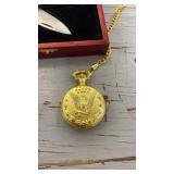 Limited Edition Wolf Design Pocket Knife and Dual Gold Coin Pocket Watches Set