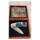 Limited Edition Wolf Design Pocket Knife and Dual Gold Coin Pocket Watches Set