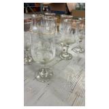 Set of 10 Vintage Etched Wine Glasses with Gold Rim