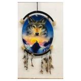 Decorative Wolf Dreamcatcher with Feather Accents