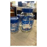 Collection of 8 Glass Storage Jars with Wooden and Blue Lids