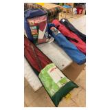 Lot of 3 Outdoor Sleeping Bags and a Red Patio Umbrella in a Carry Bag
