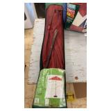 Lot of 3 Outdoor Sleeping Bags and a Red Patio Umbrella in a Carry Bag