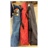 Lot of 3 Outdoor Sleeping Bags and a Red Patio Umbrella in a Carry Bag
