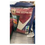 Lot of 3 Outdoor Sleeping Bags and a Red Patio Umbrella in a Carry Bag