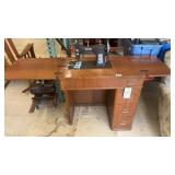 Antique Domestic Sewing Machine with Built-in Wood Cabinet